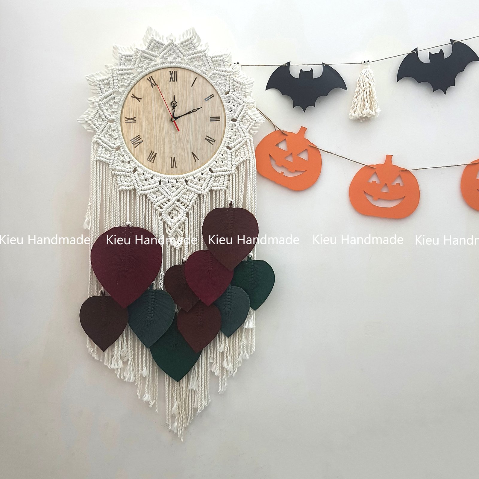 Đồng hồ treo tường thắt dây macrame kết hợp lá - Ảnh 2
