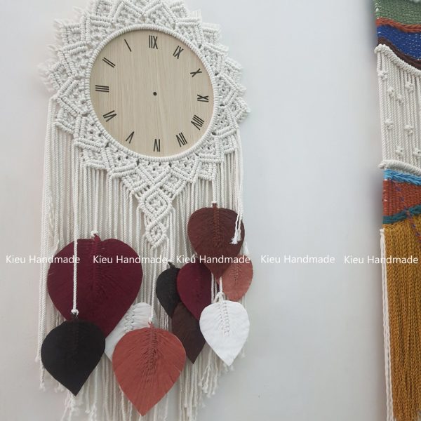 Đồng hồ treo tường thắt dây macrame kết hợp lá - Ảnh 3