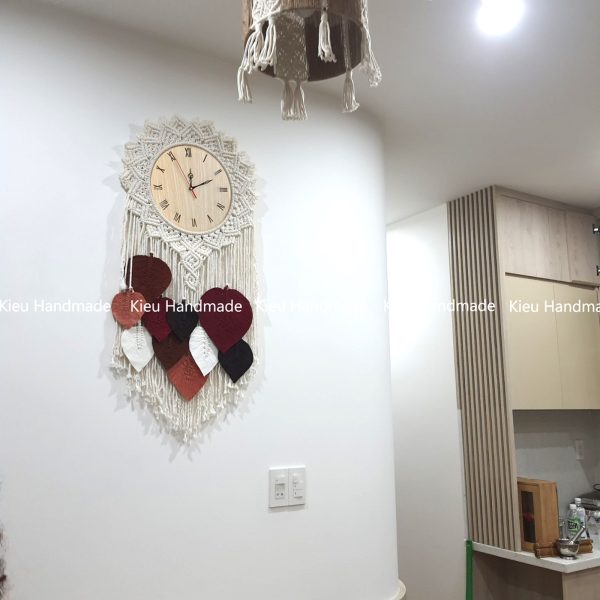 Đồng hồ treo tường thắt dây macrame kết hợp lá - Ảnh 4
