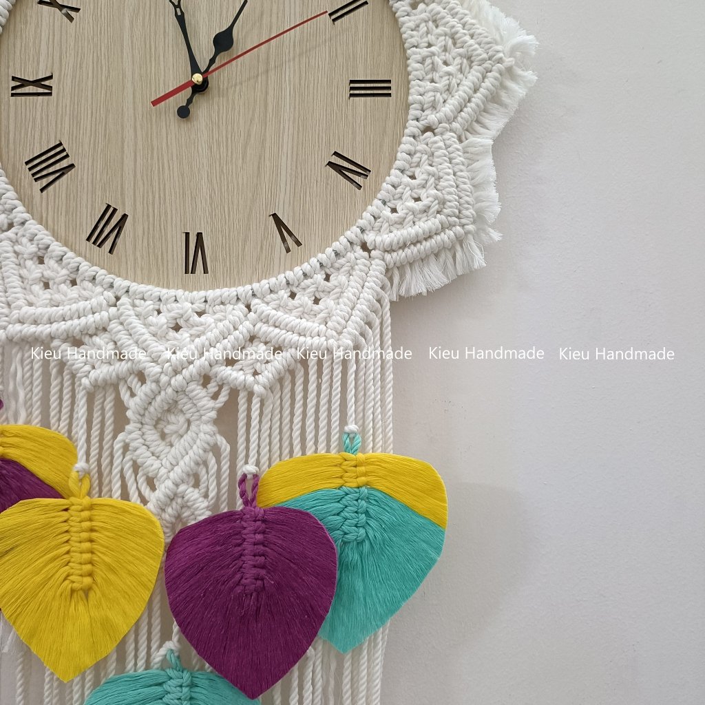 Đồng hồ treo tường thắt dây macrame kết hợp lá - Ảnh 5