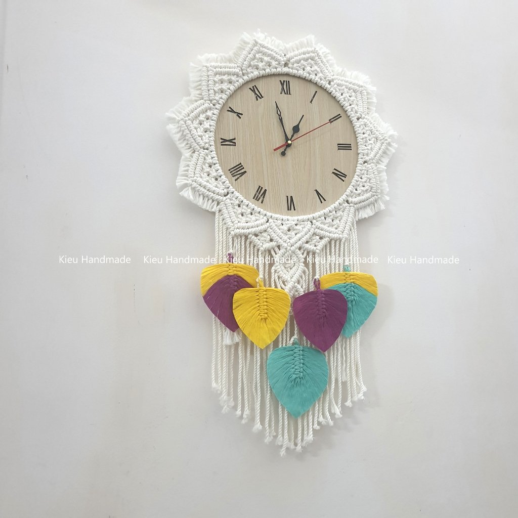 Đồng hồ treo tường thắt dây macrame kết hợp lá - Ảnh 6