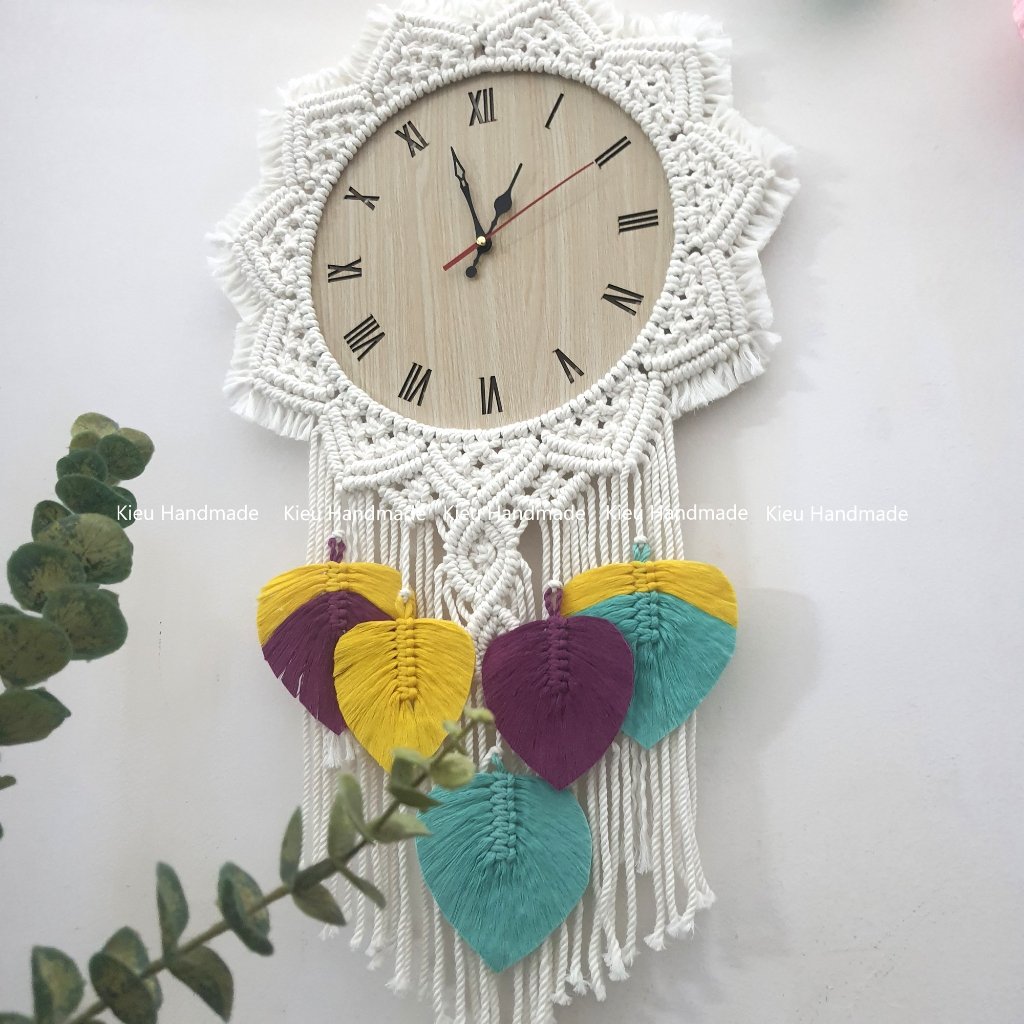 Đồng hồ treo tường thắt dây macrame kết hợp lá - Ảnh 7